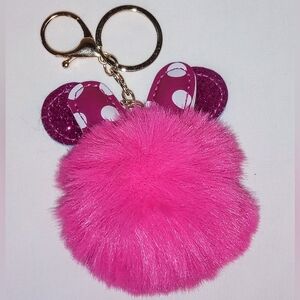 Glittery Mouse Ears With Polka Dots Bow Fluffy Pom Pom Keychain/Bag Charm